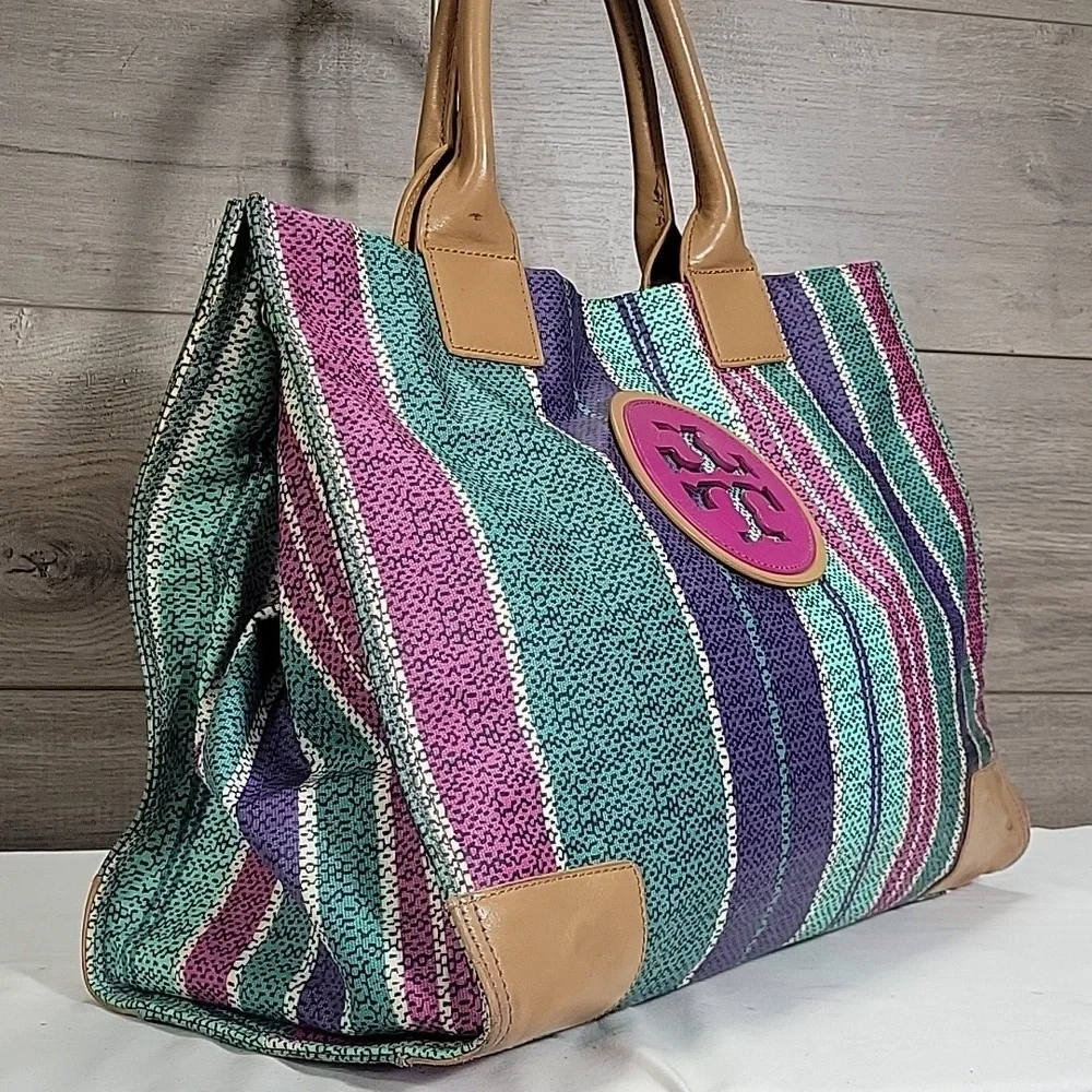 Tory Burch Ella Purple and Green Striped Tote Bag